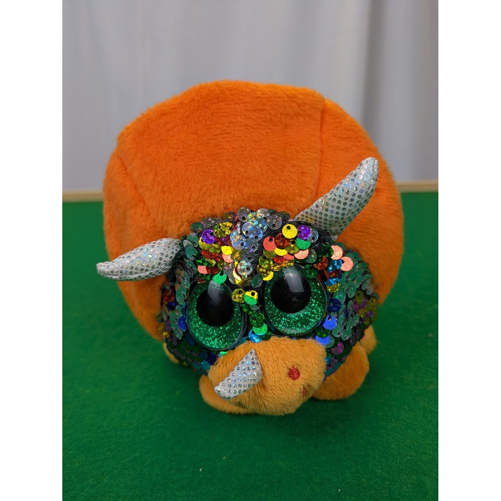 Fiesta Glitter Cubbies‎ Triceratops Plush Rainbow Reversible Sequins 3.5" Orange